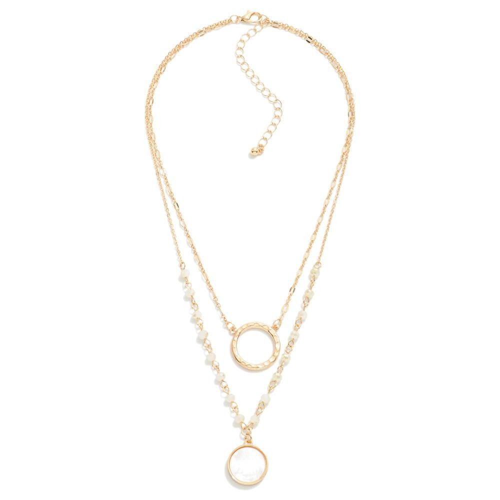 Layered Chain Link Necklace Featuring Semi-Precious Stone Pendant and Bead Details