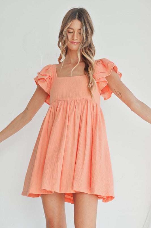 SOLID GAUZE RUFFLE SHOULDER MINI DRESS-How Cute is That? Boutique