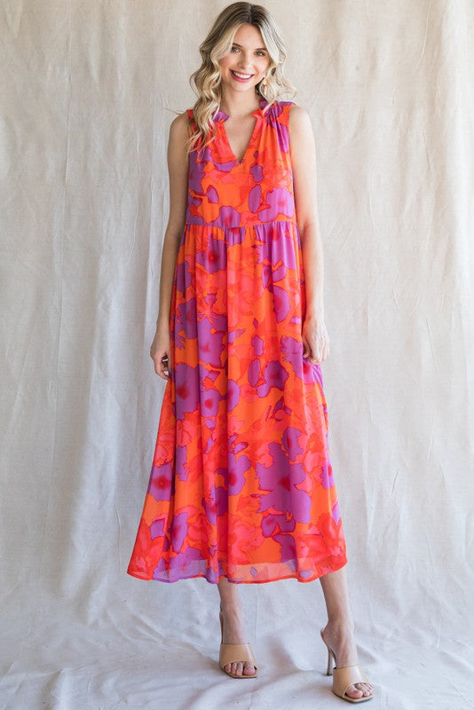 Floral Sleeveless Frilled Slit Neck Dress
