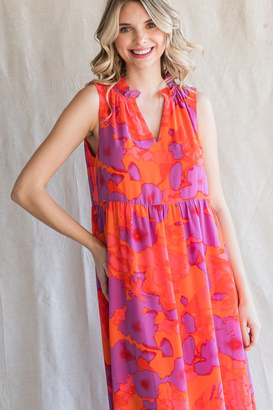 Floral Sleeveless Frilled Slit Neck Dress