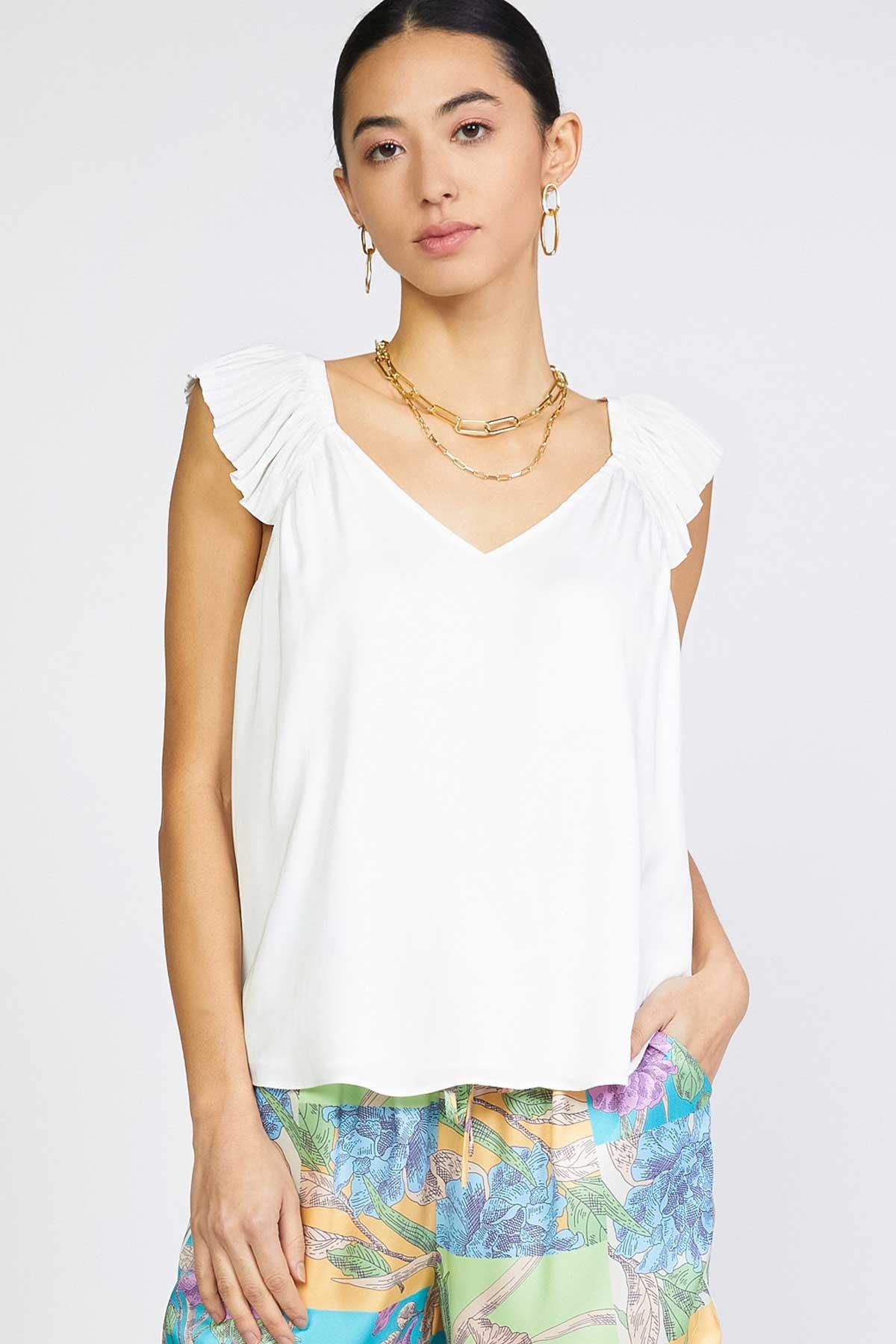 Sweetheart Neck Pleated Ruffle Sleeve Top