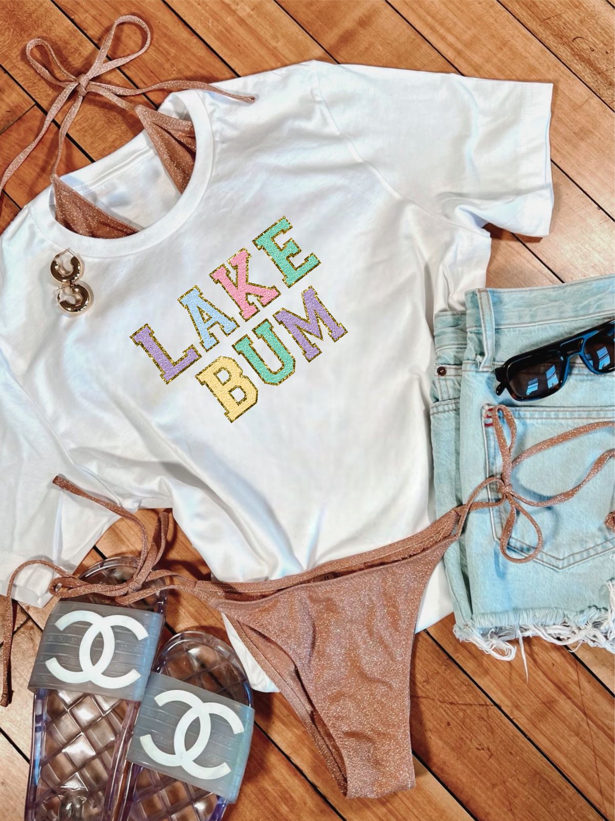 Colorful Lake Bum Varsity Font Graphic Tee