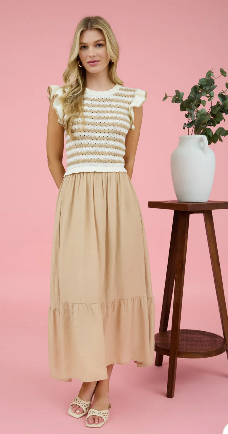 STRIPE SWEATER TOP MIXED MEDIA MIDI DRESS