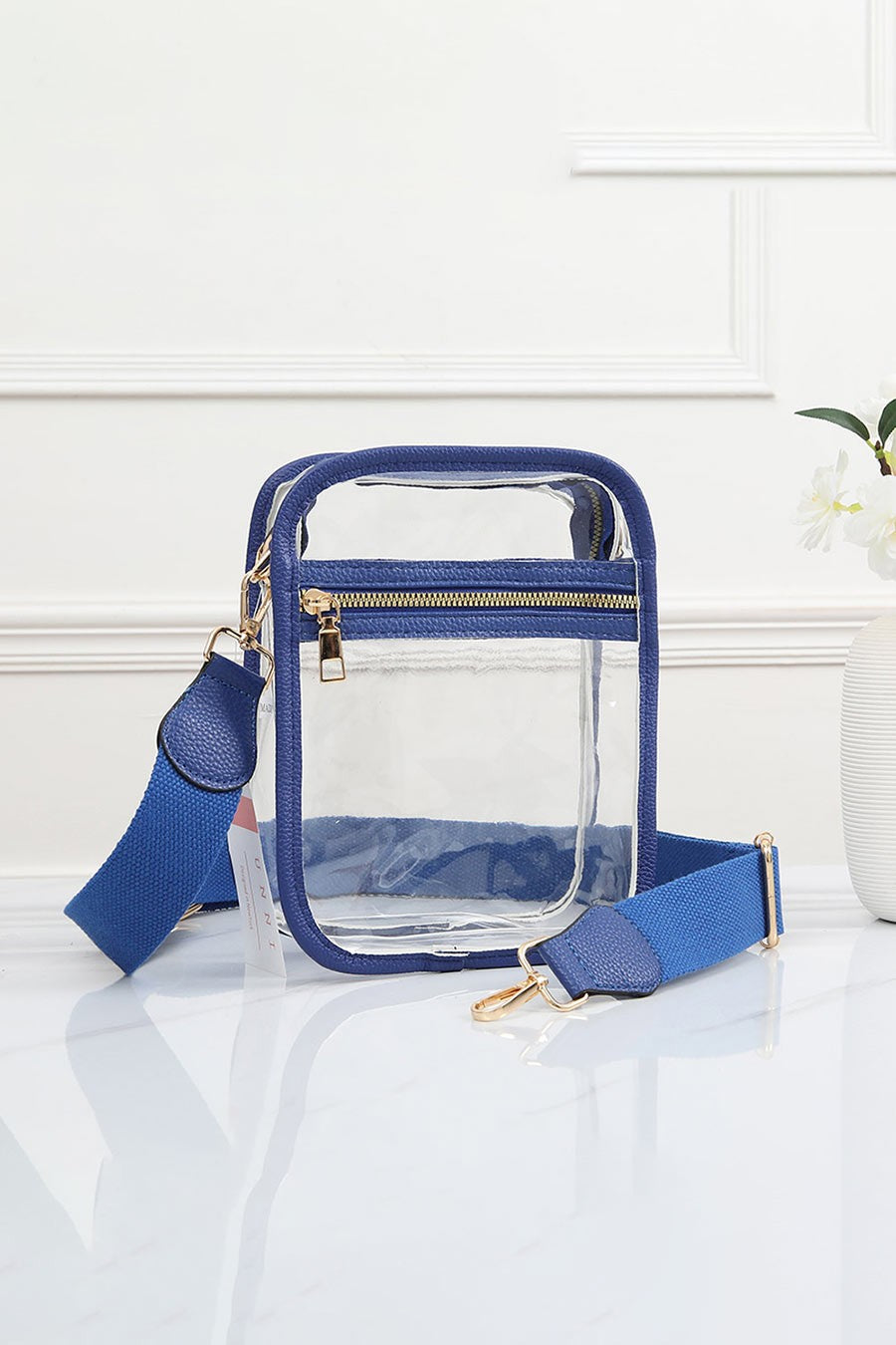 Solid Faux Leather Transparent Crossbody Bag- Clear Stadium Purse