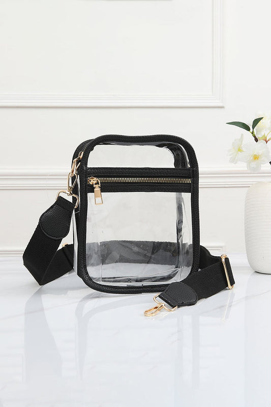 Solid Faux Leather Transparent Crossbody Bag- Clear Stadium Purse