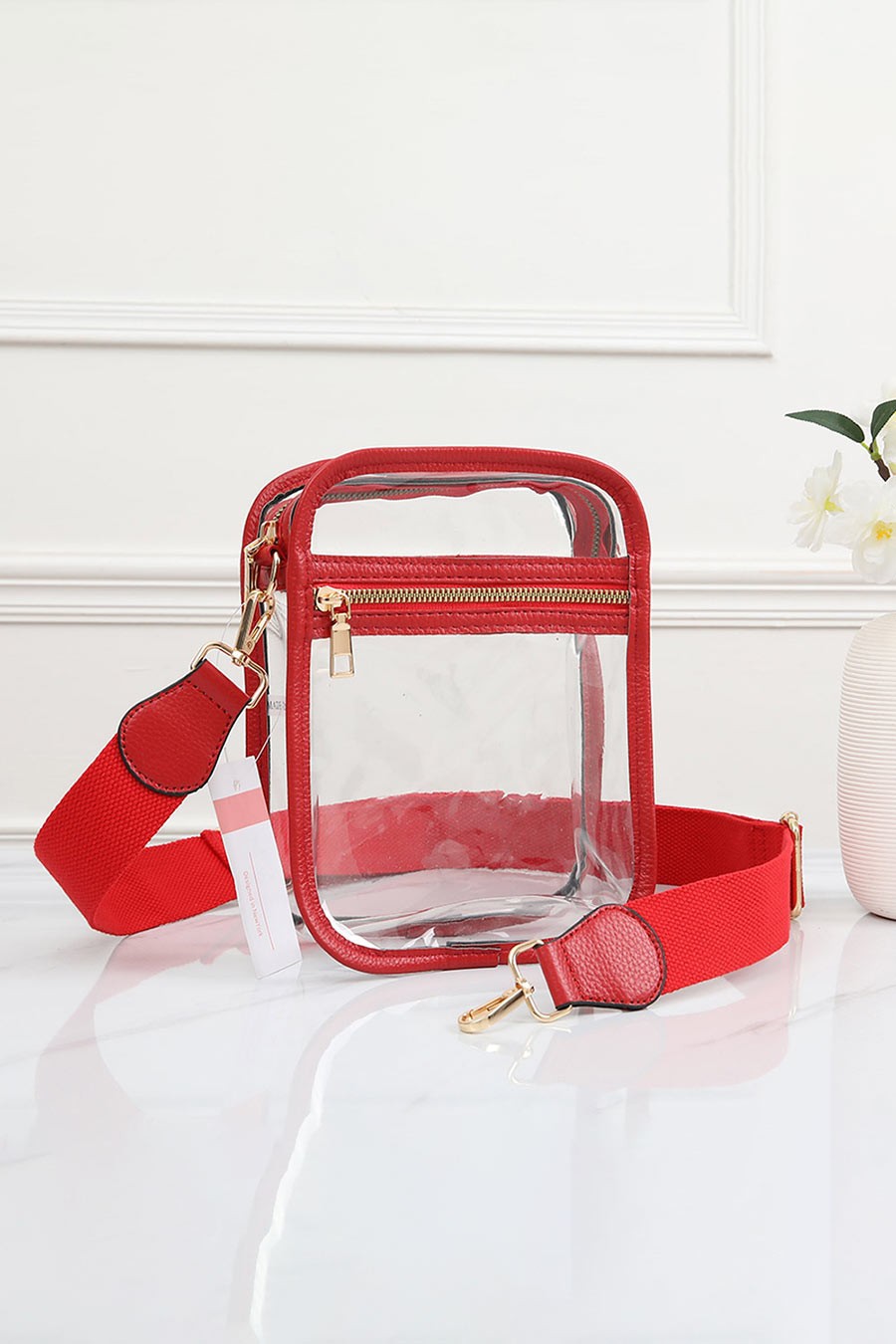 Solid Faux Leather Transparent Crossbody Bag- Clear Stadium Purse
