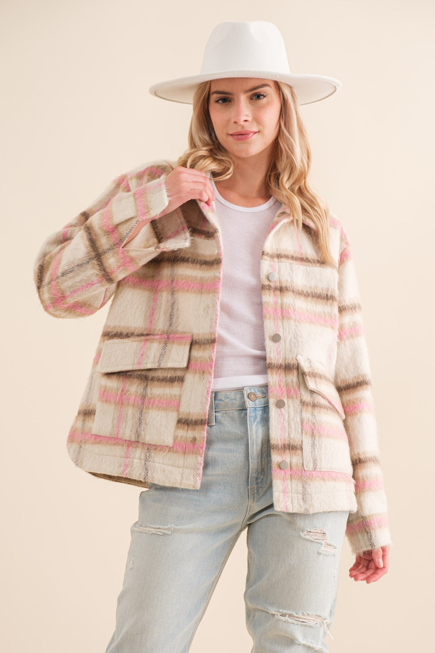 Brushed Yarn Dyed Plaid Collared Shirt Jacket
