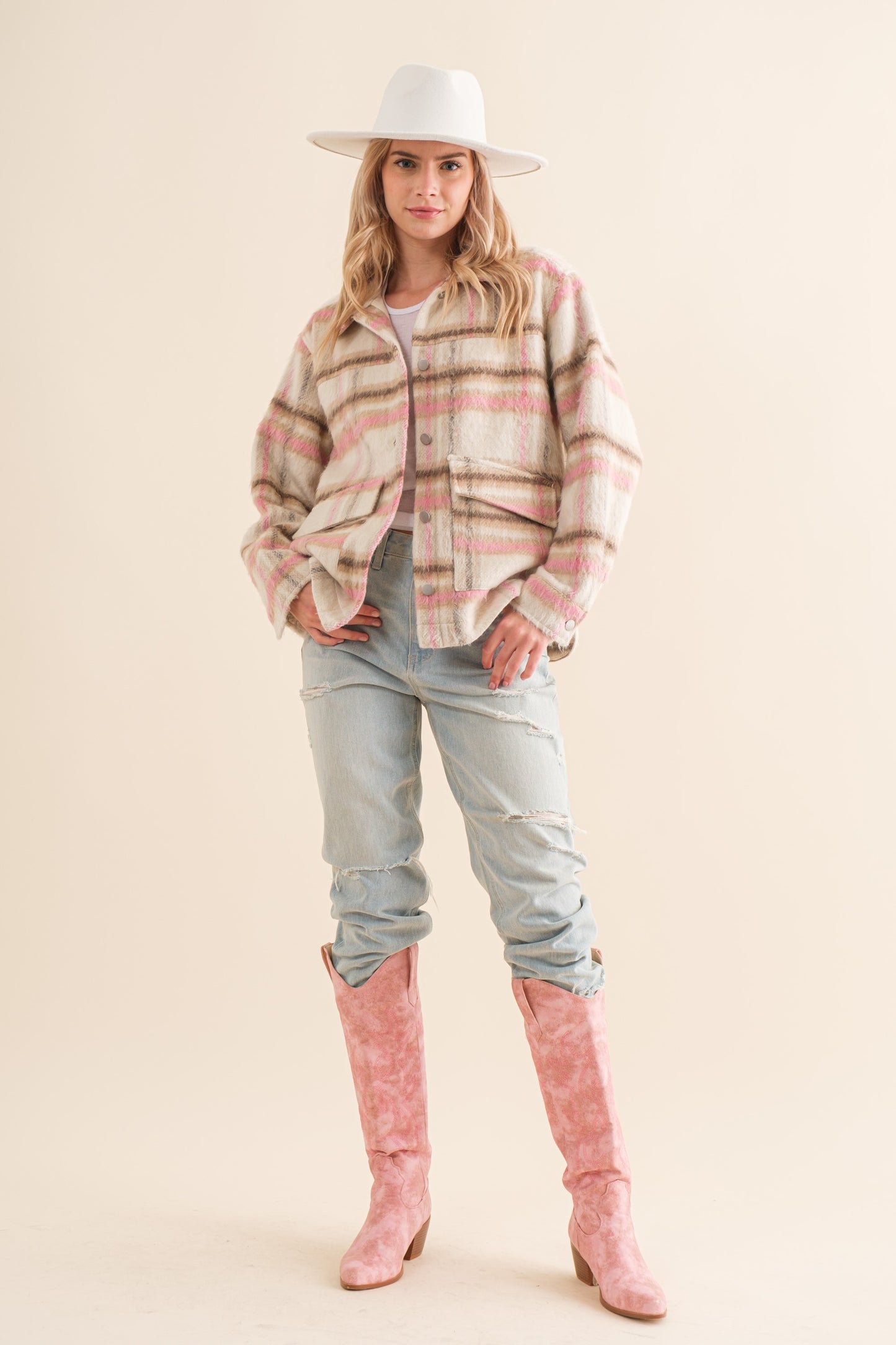 Brushed Yarn Dyed Plaid Collared Shirt Jacket