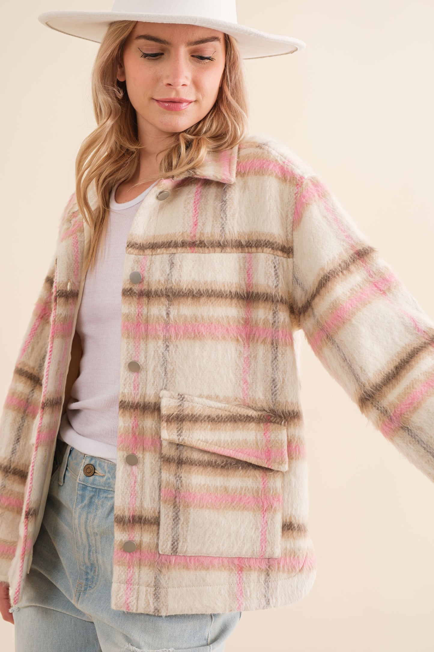 Brushed Yarn Dyed Plaid Collared Shirt Jacket