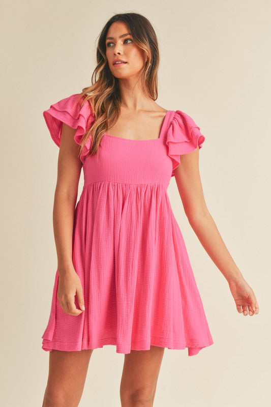SOLID GAUZE RUFFLE SHOULDER MINI DRESS-How Cute is That? Boutique
