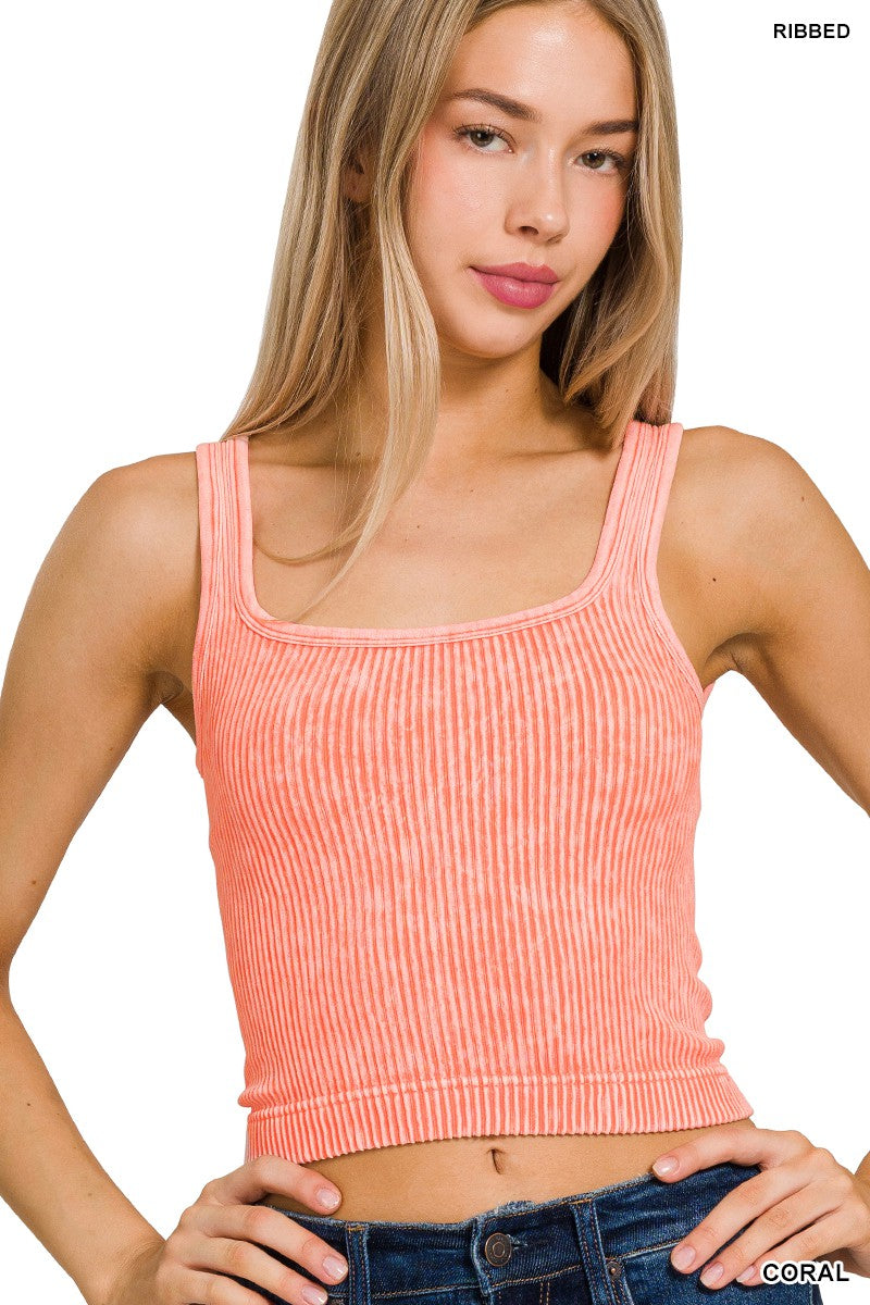 2 WAY NECKLINE WASHED RIBBED CROPPED TANK TOP by ZENANA