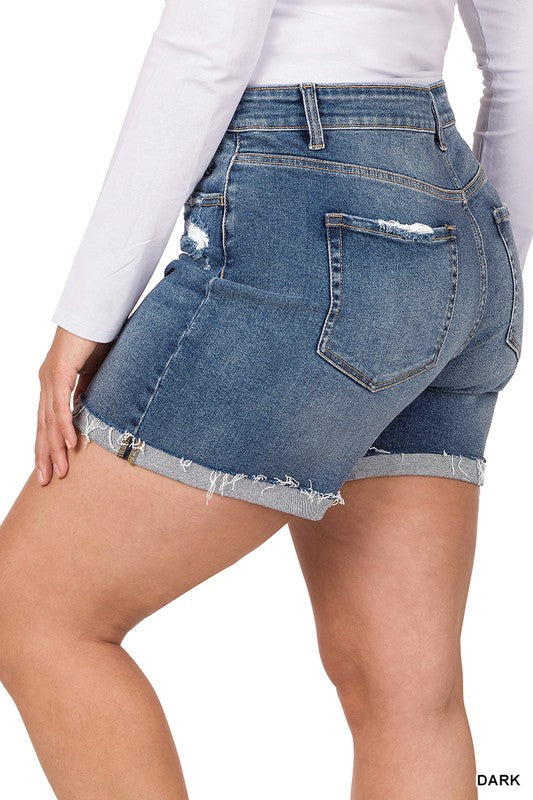 Zenana PLUS DISTRESSED CUFFED RAW HEM DENIM SHORTS-How Cute is That? Boutique