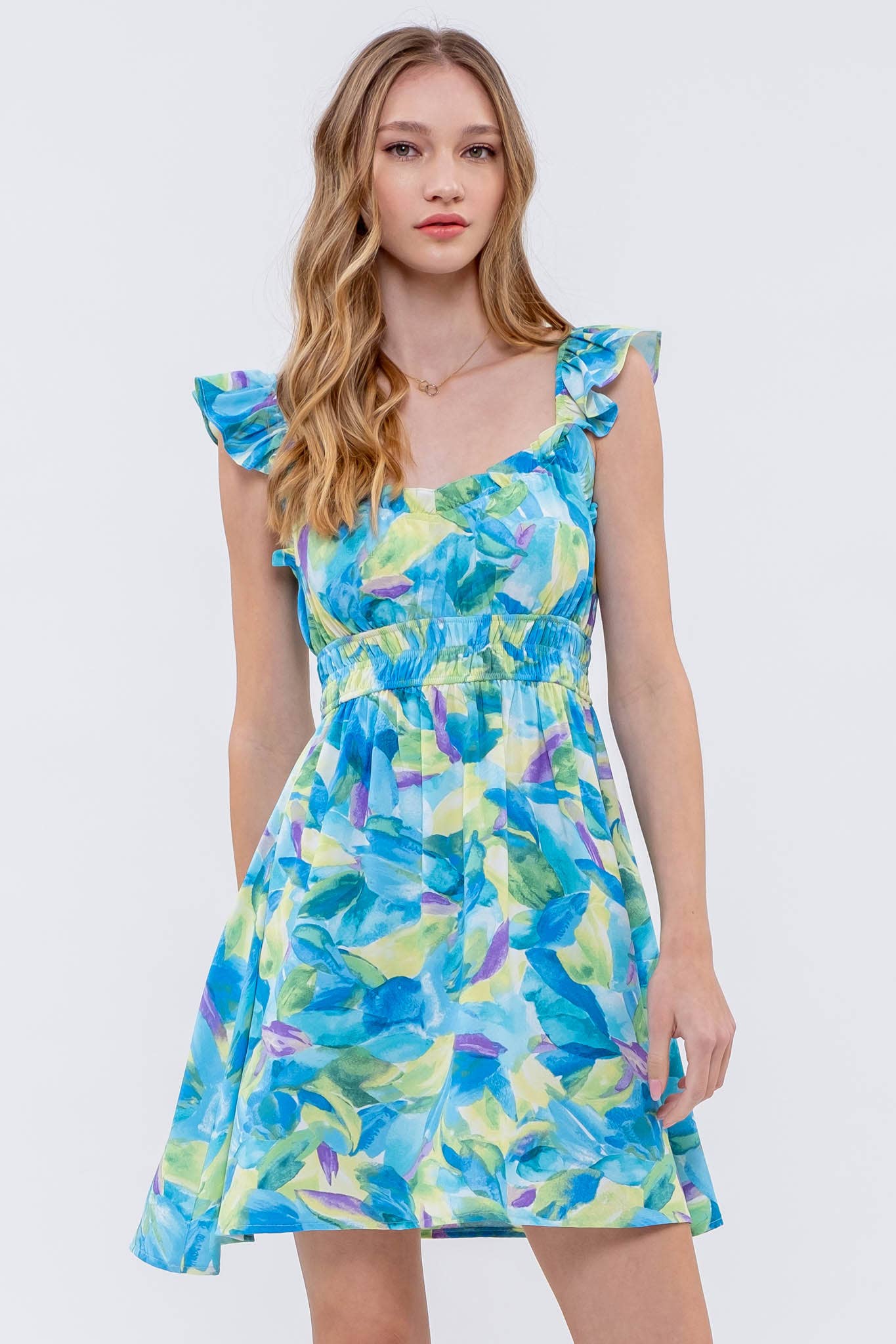 WATERCOLOR FLORAL PRINT RUFFLE MINI DRESS - BLUE MULTI-How Cute is That? Boutique