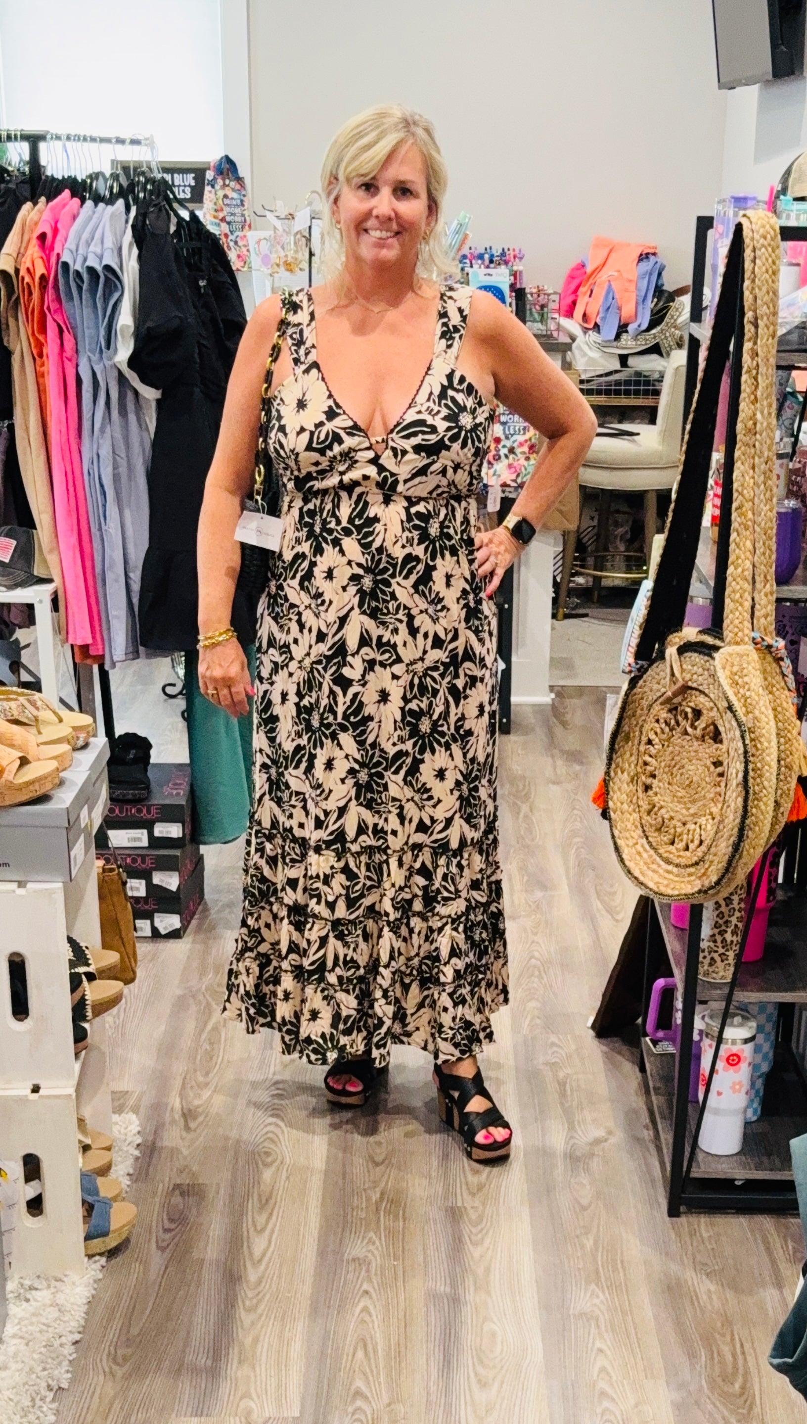 Deep V Maxi Dress with wide tank sleeve by Angie-How Cute is That? Boutique