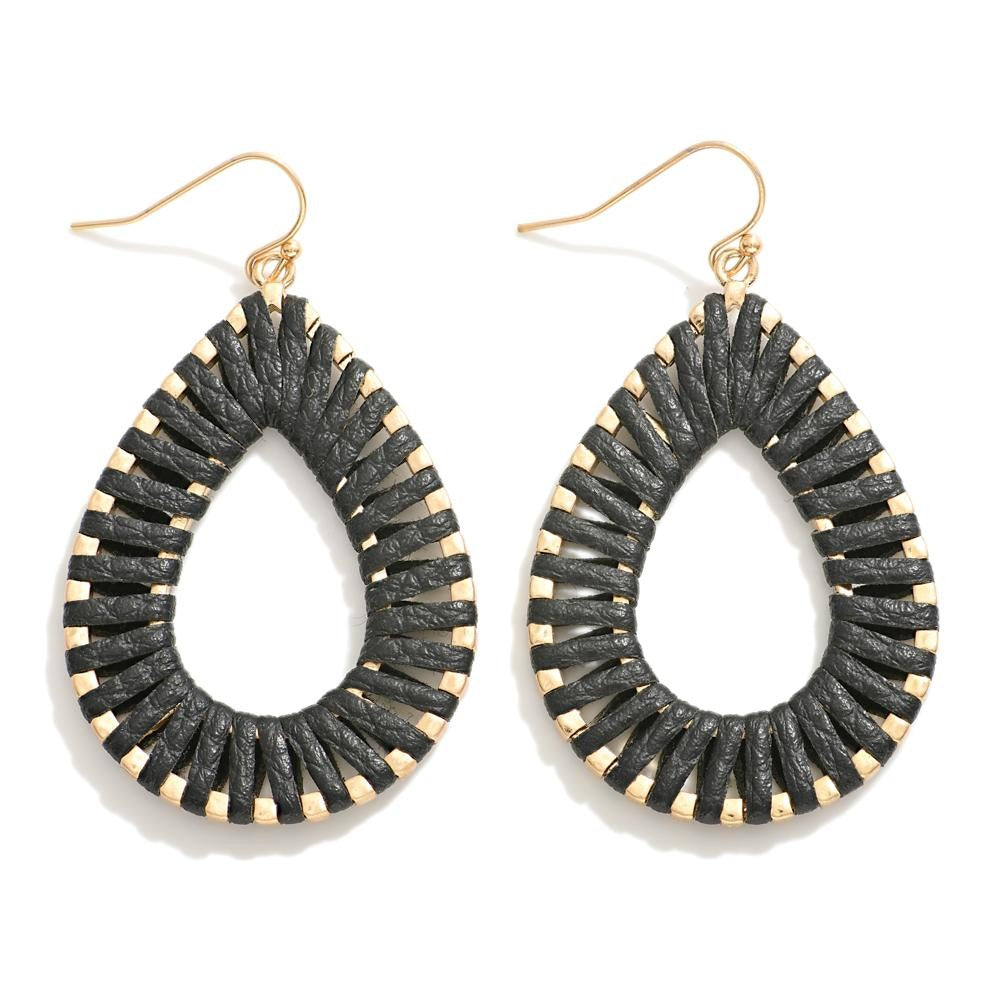 Gold Tone Leather Wrapped Teardrop Drop Earrings-How Cute is That? Boutique