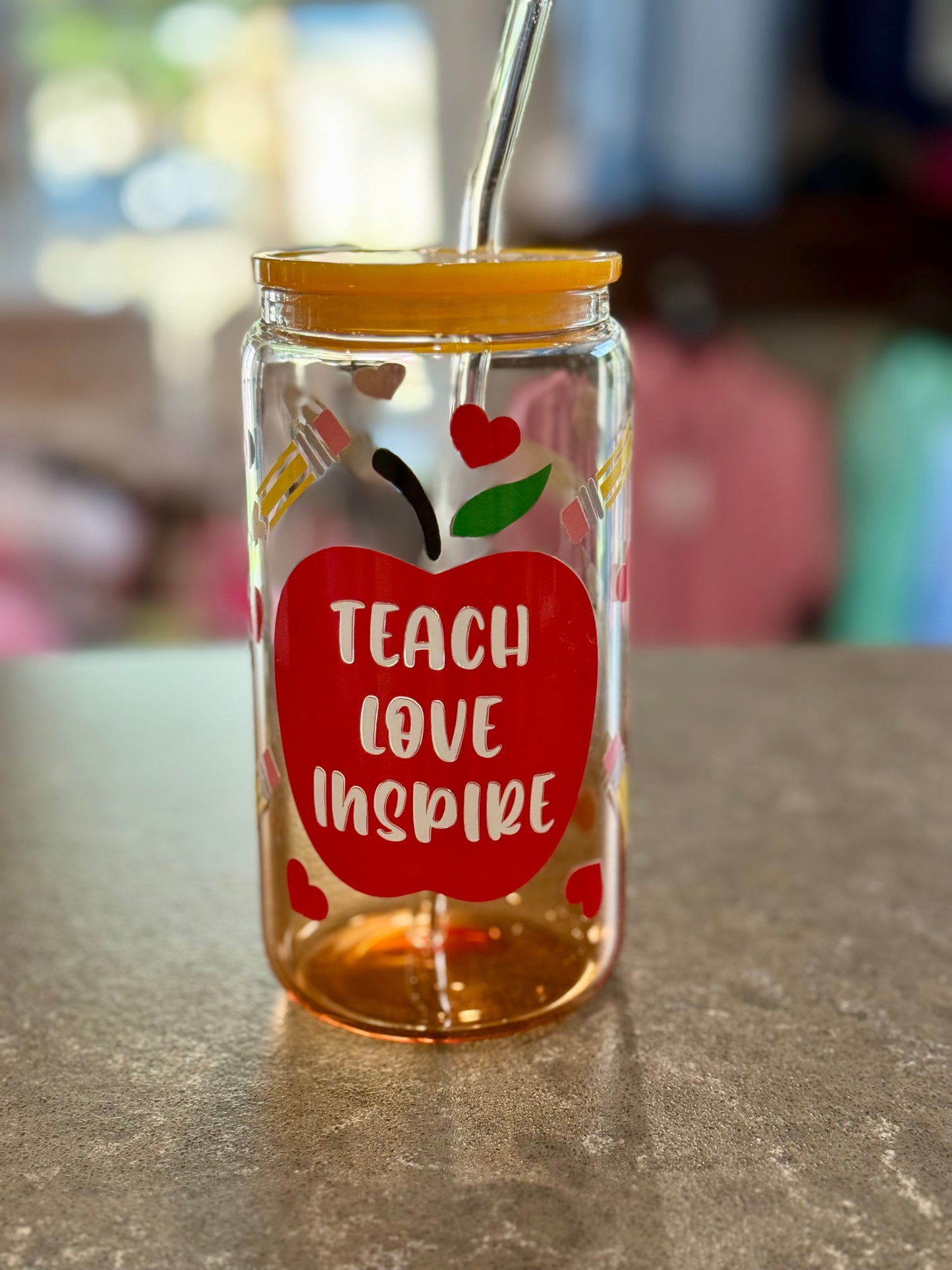 Teach, Love, Inspire Teacher Glass Tumbler with glass straw