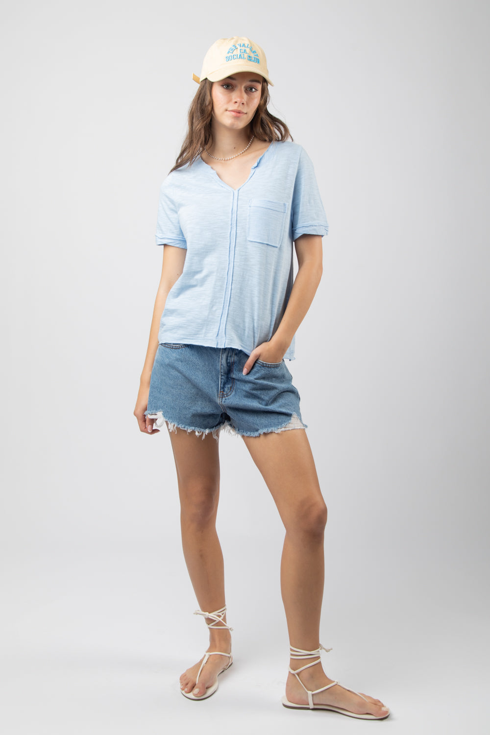 Short Sleeve Raw Edge Pocket T Shirt in Sky Blue