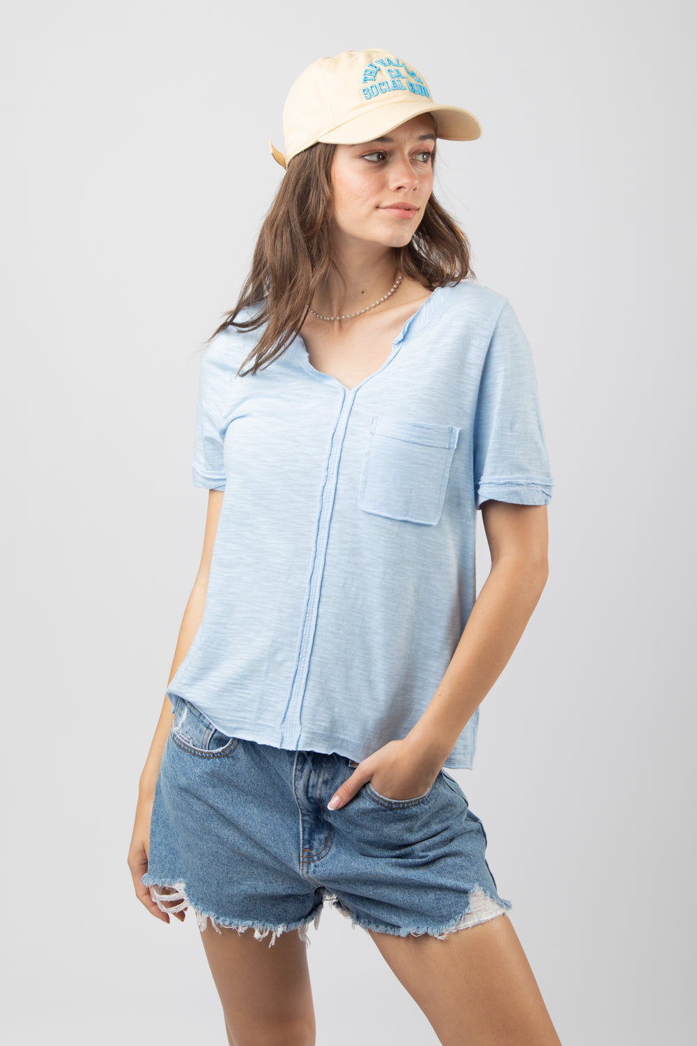 Short Sleeve Raw Edge Pocket T Shirt in Sky Blue