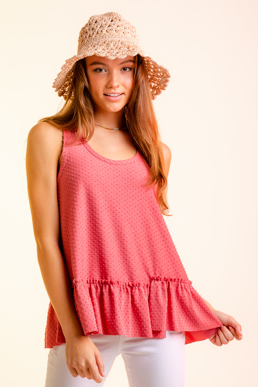 Sleeveless Dotted Swiss Ruffle Hem Top