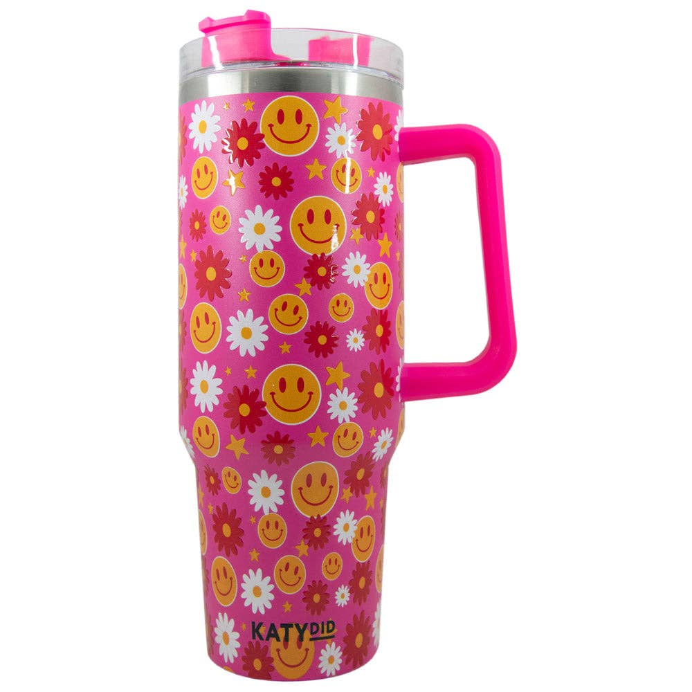 Red Flower Happy Face Stainless Steel Tumbler Cup-How Cute is That? Boutique