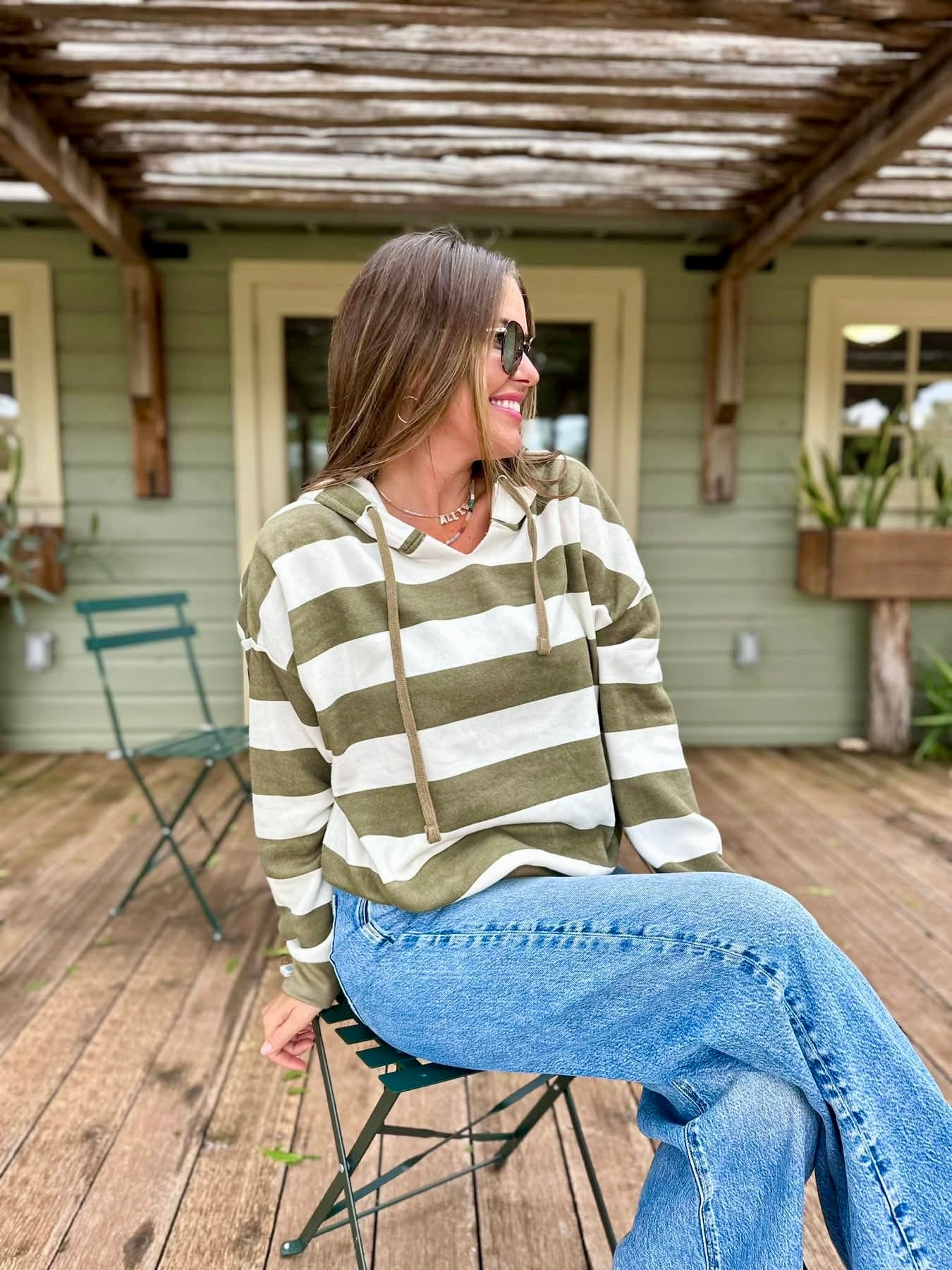 Patti Olive Striped Hoodie Sweatshirt