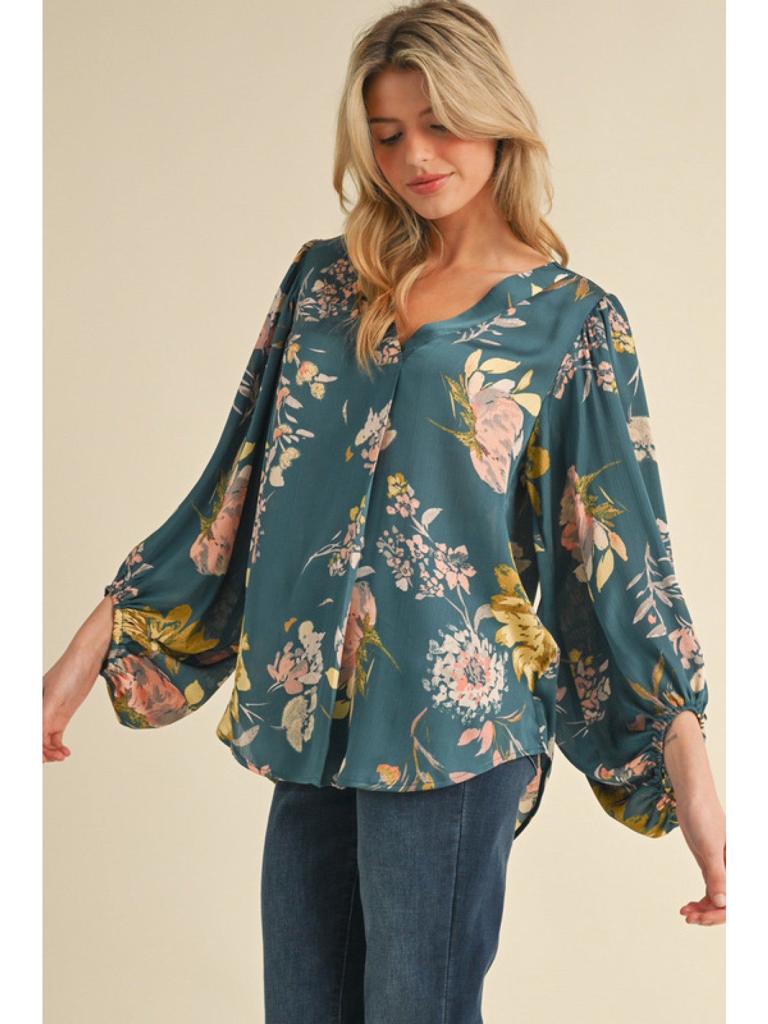 Satin Floral Print Blouse in Teal-How Cute is That? Boutique