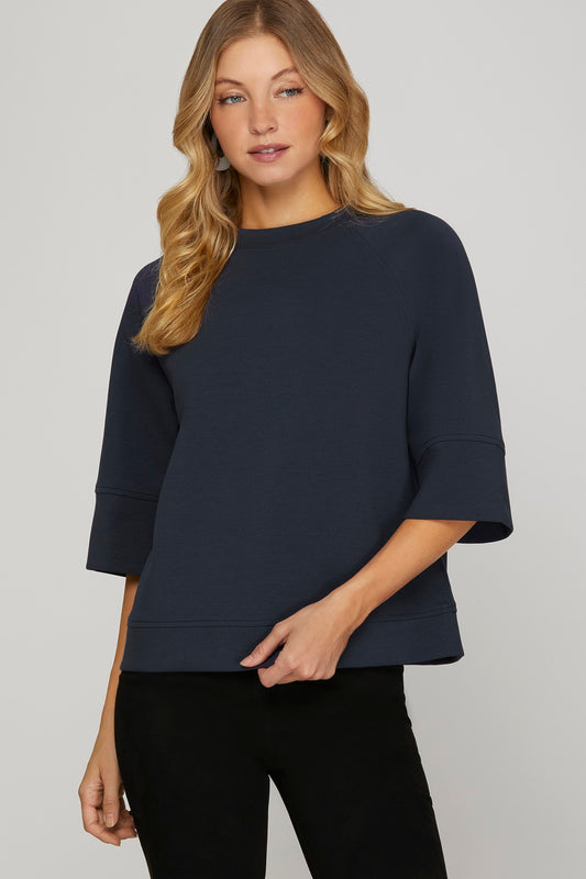 3/4 SLEEVE SCUBA KNIT TOP