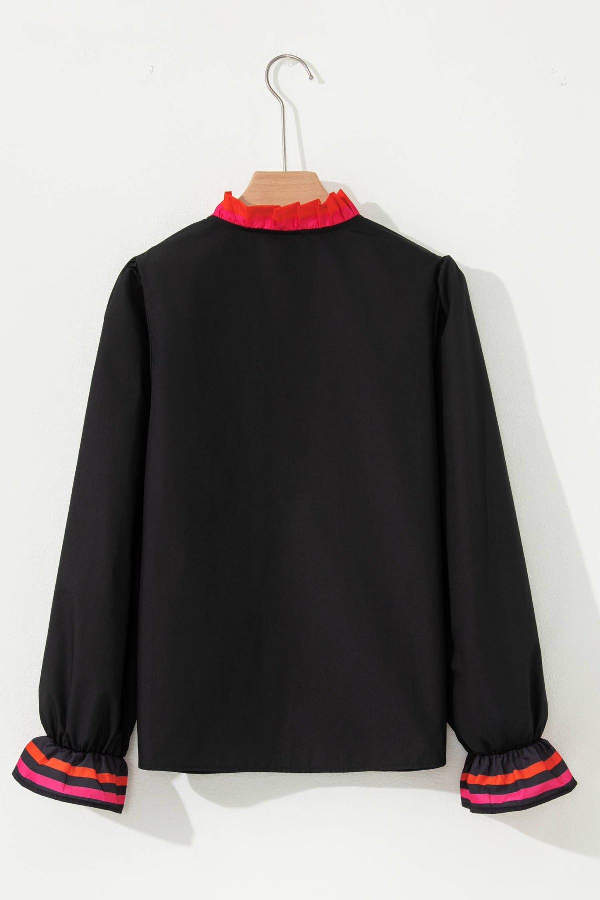 Striped Trim Ruffle Split Neck Blouse-How Cute is That? Boutique
