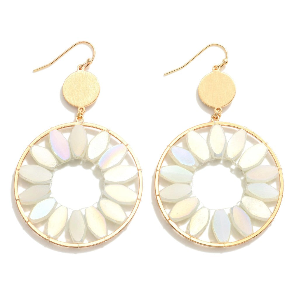 Metal Drop Earrings With Iridescent Beaded Flower Petals-How Cute is That? Boutique