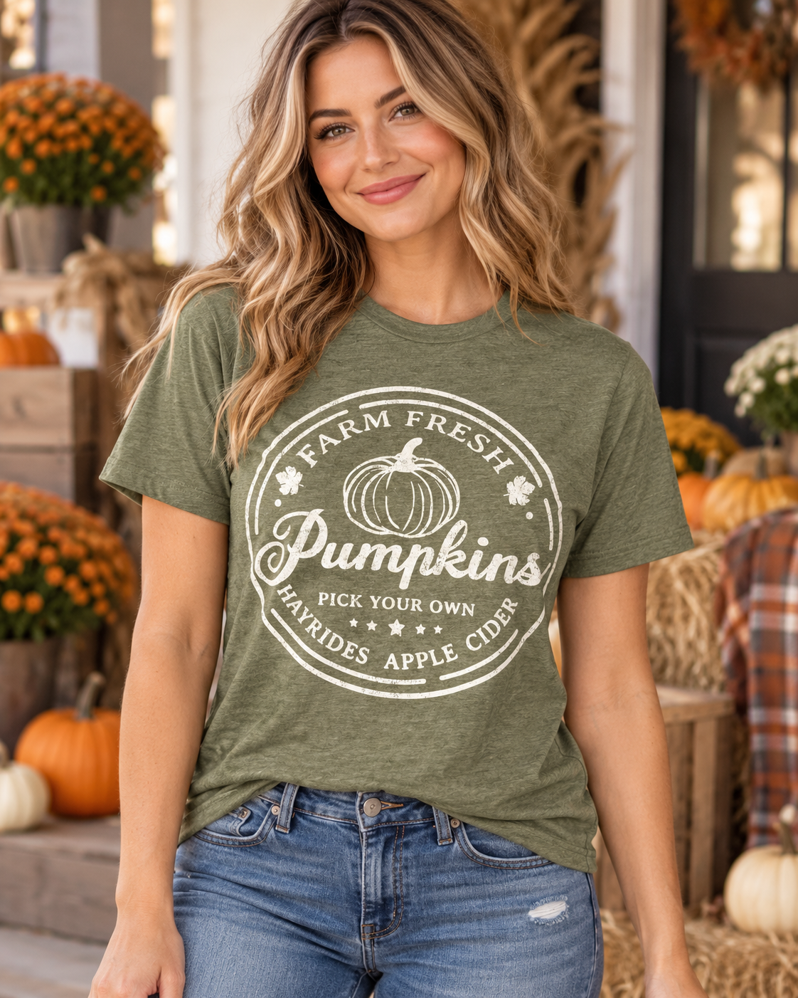 Women’s olive green Farm Fresh Pumpkins graphic T-shirt with vintage pumpkin, hayrides and apple cider design