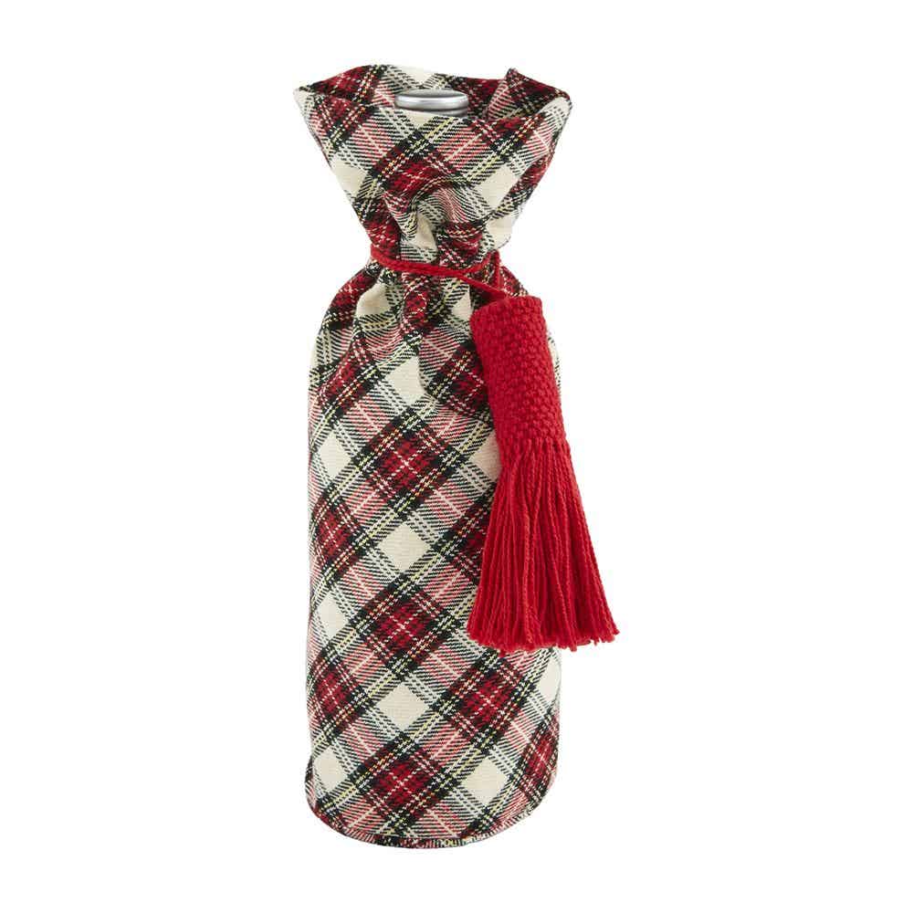 WHITE TARTAN XMAS WINE BAG
