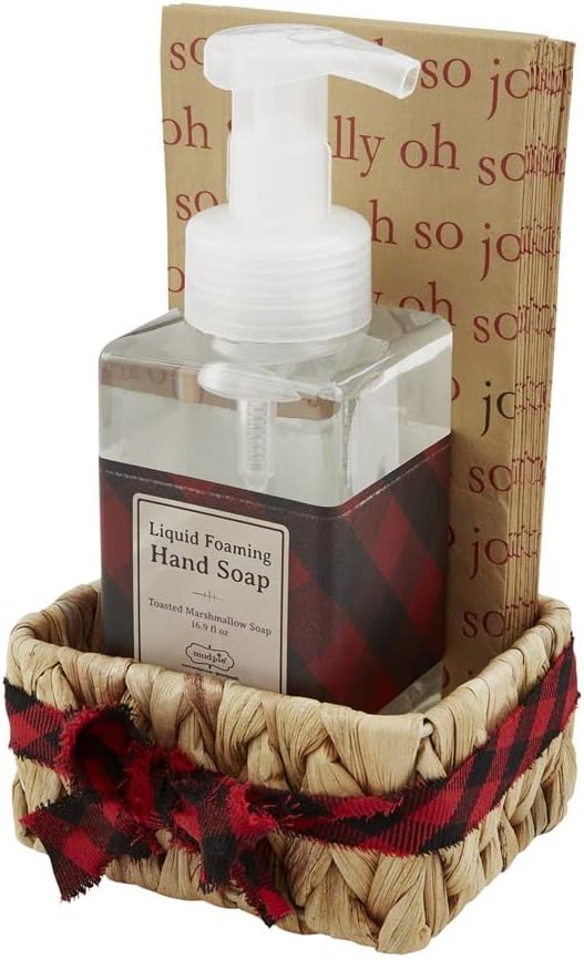 Red Check Christmas Toasted Marshmellow Scented Soap & Napkin Basket Set MUDPIE