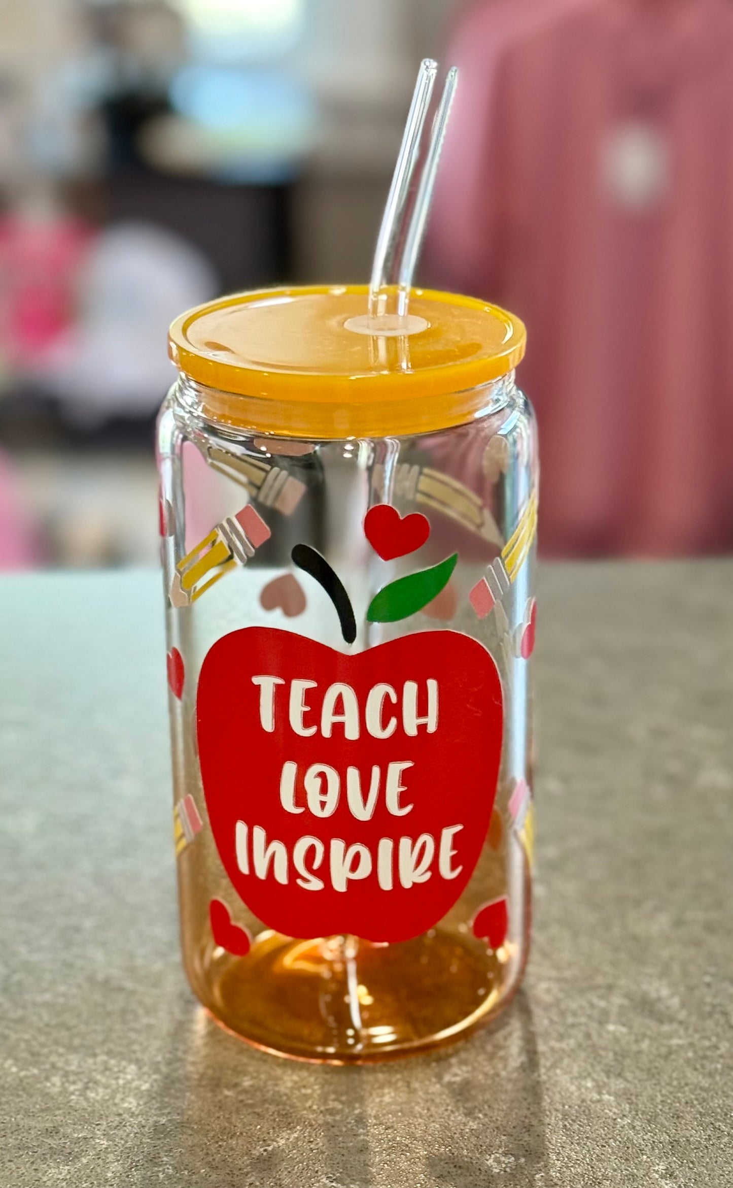 Teach, Love, Inspire Teacher Glass Tumbler with glass straw