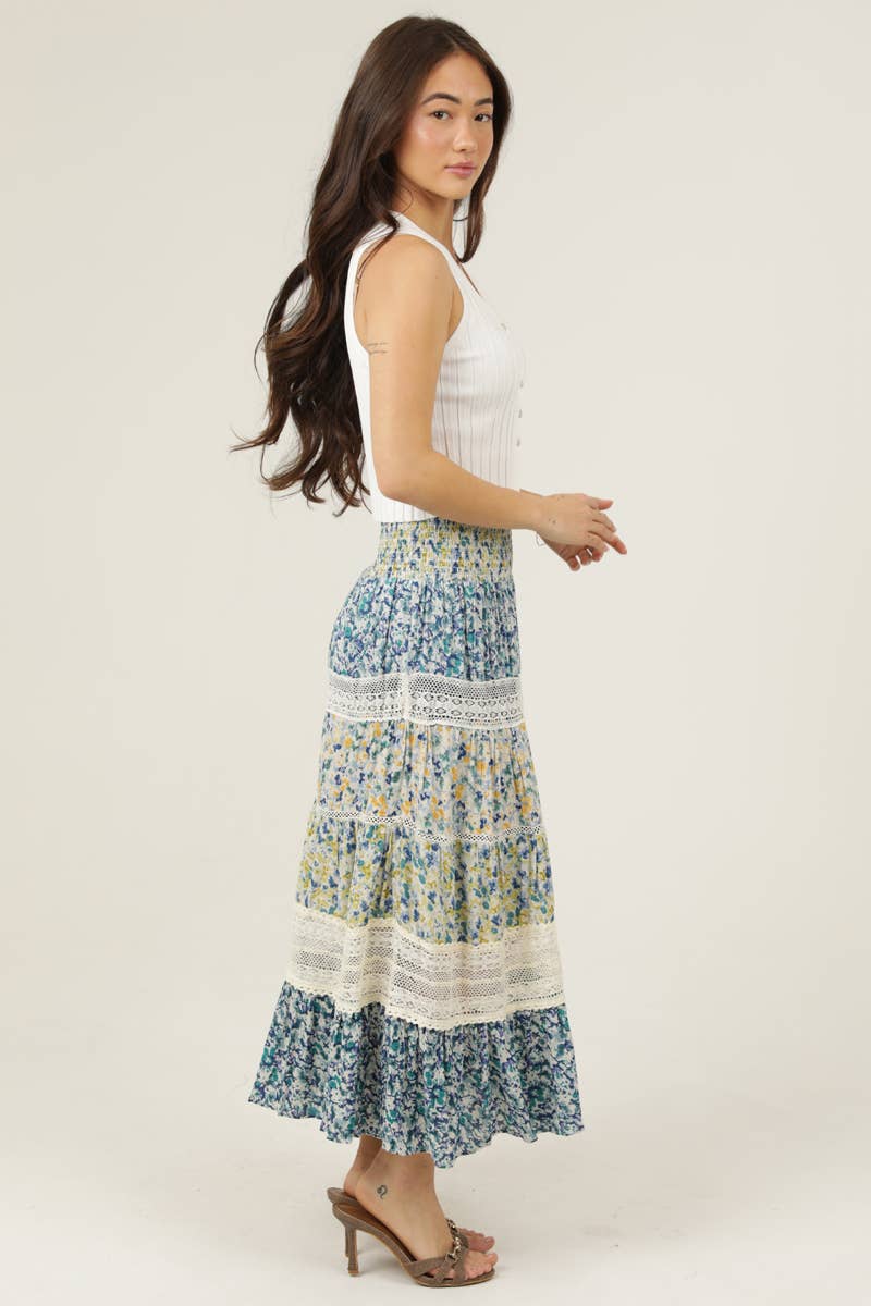 TIERED LACE TRIM SMOCKED WAIST MAXI SKIRT-How Cute is That? Boutique
