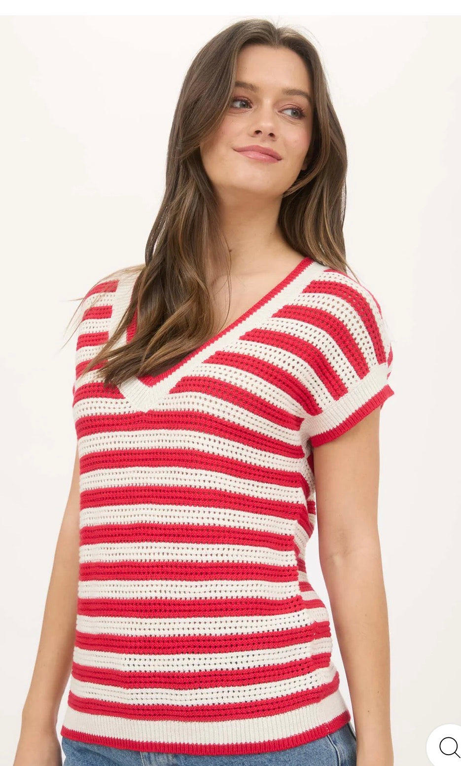 STRIPE V NECK CROCHET KNIT SHORT SLEEVE SWEATER-How Cute is That? Boutique
