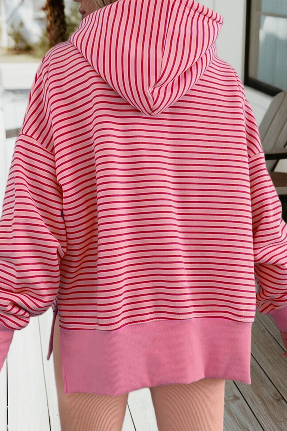 Stripe Thumbhole Side Slits Loose Fit Hoodie