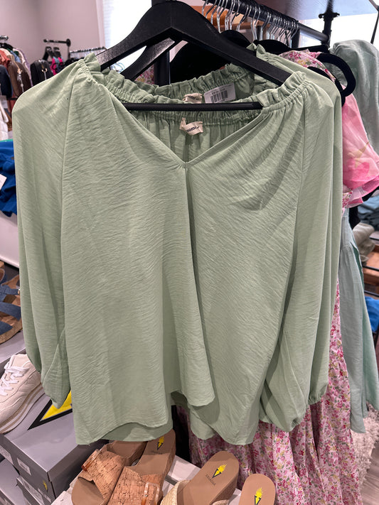 PUFF SLEEVE V-NECK BLOUSE TOP in Sage Green