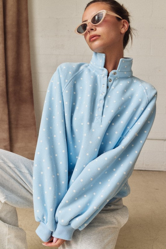 Piper Polka Dot Snap-Button Sweatshirt | Oversized Mock Neck Pullover-How Cute is That? Boutique