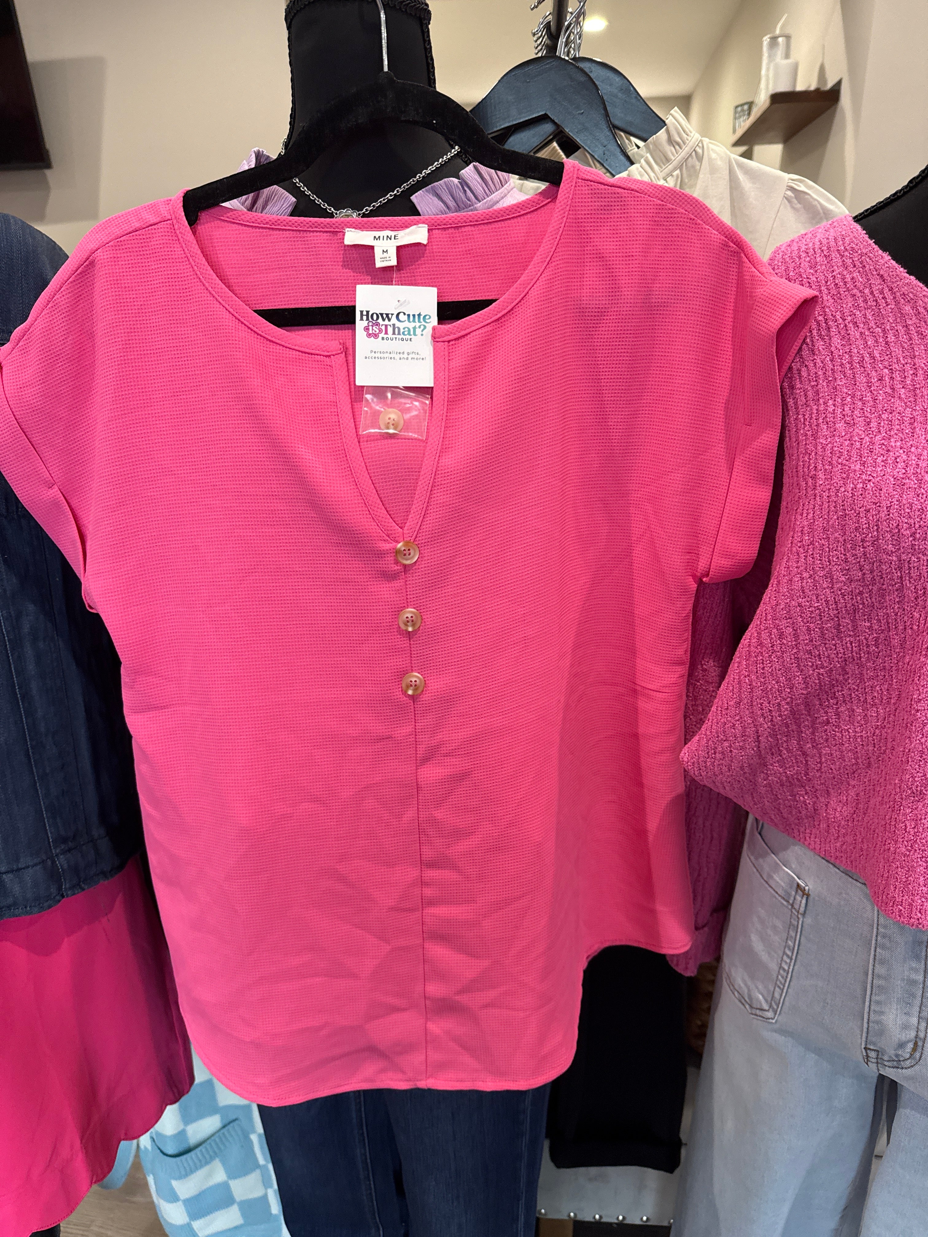 BUTTON FRONT SHORT SLEEVE BLOUSE TOP in Pink-How Cute is That? Boutique