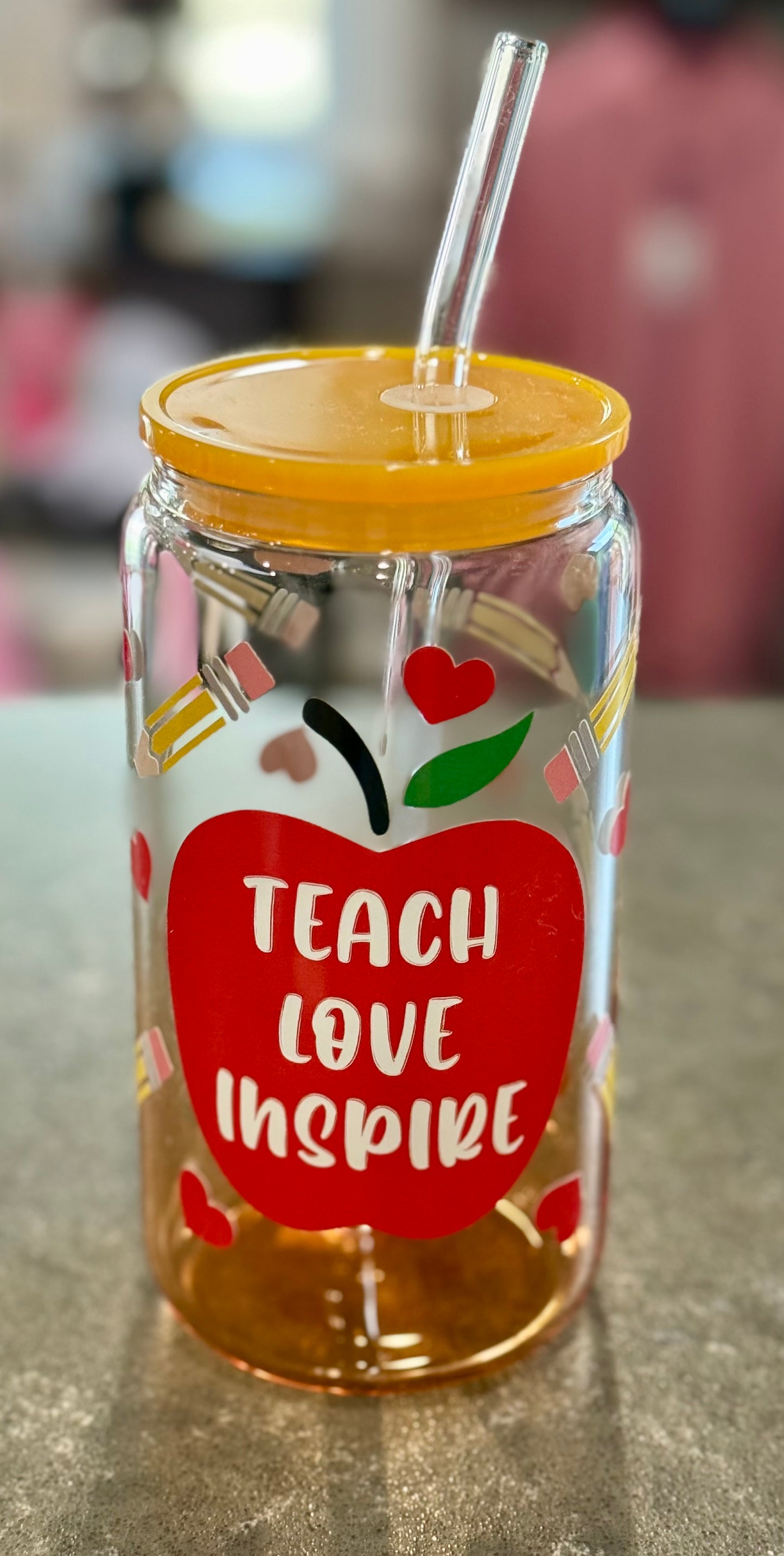 Teach, Love, Inspire Teacher Glass Tumbler with glass straw