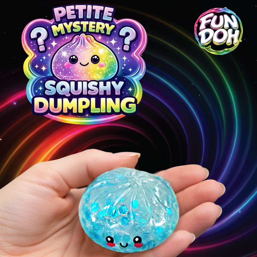 Fun Doh Mystery Mini Petite 2.5-inch Squishy Dumpling collectible blind bag featuring Bubbles, Fizzies, Metallic, Jelly Pop, Galactic, and rare Glow-in-the-Dark styles.