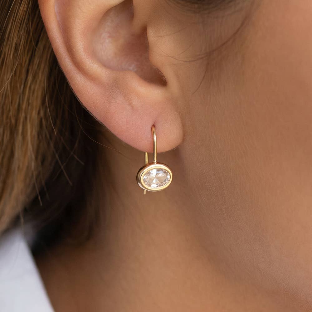 Gold Oval bezel cubic zirconia drop earrings for women