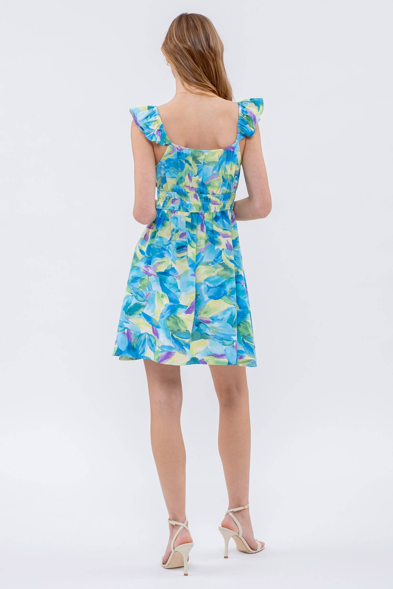 WATERCOLOR FLORAL PRINT RUFFLE MINI DRESS - BLUE MULTI-How Cute is That? Boutique