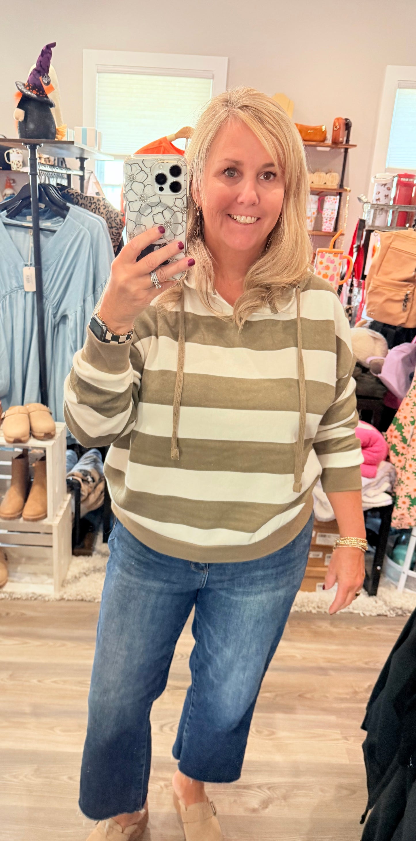 Patti Olive Striped Hoodie Sweatshirt