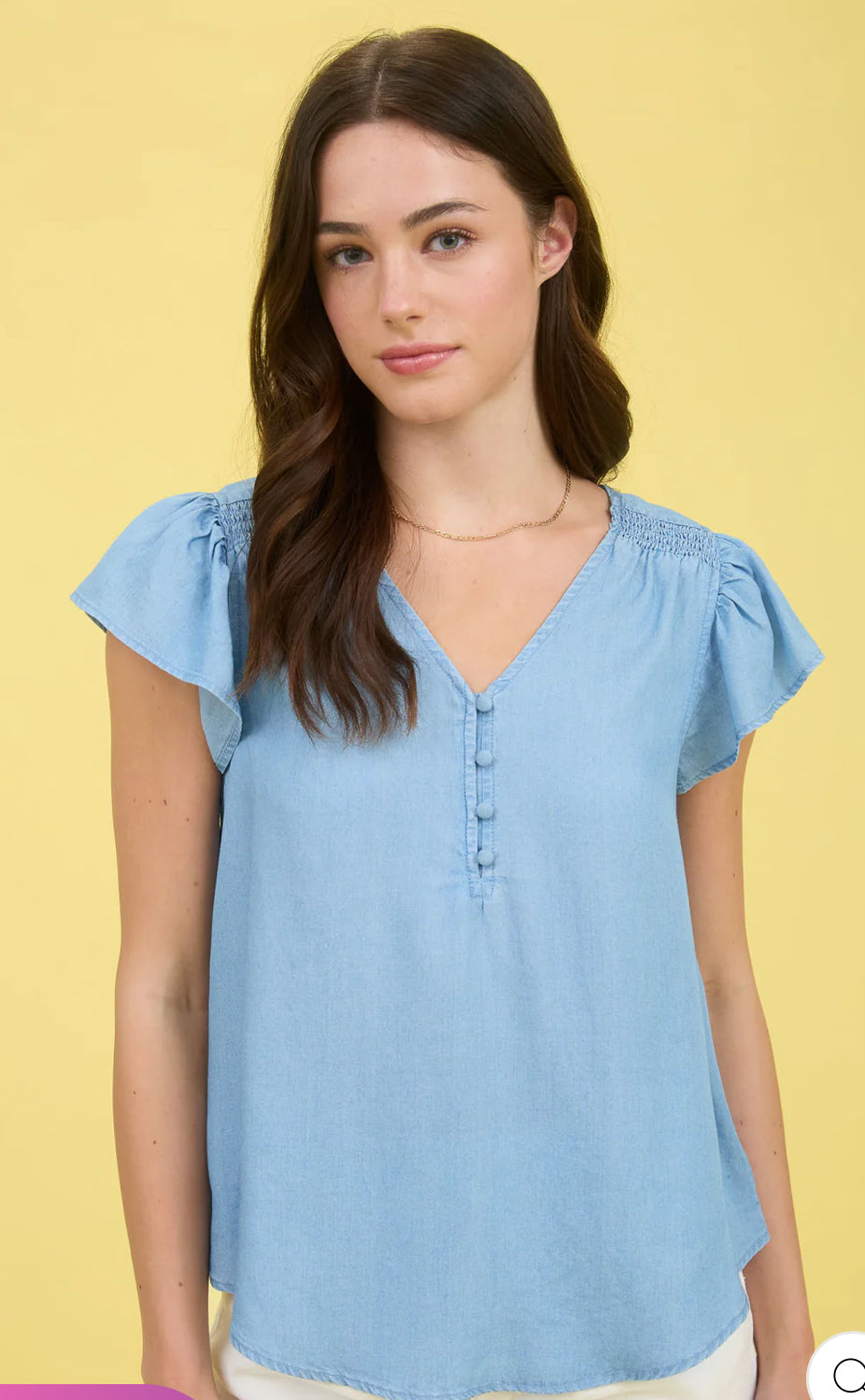 V NECK HALF BUTTON RUFFLE SLEEVE CHAMBRAY TOP-How Cute is That? Boutique