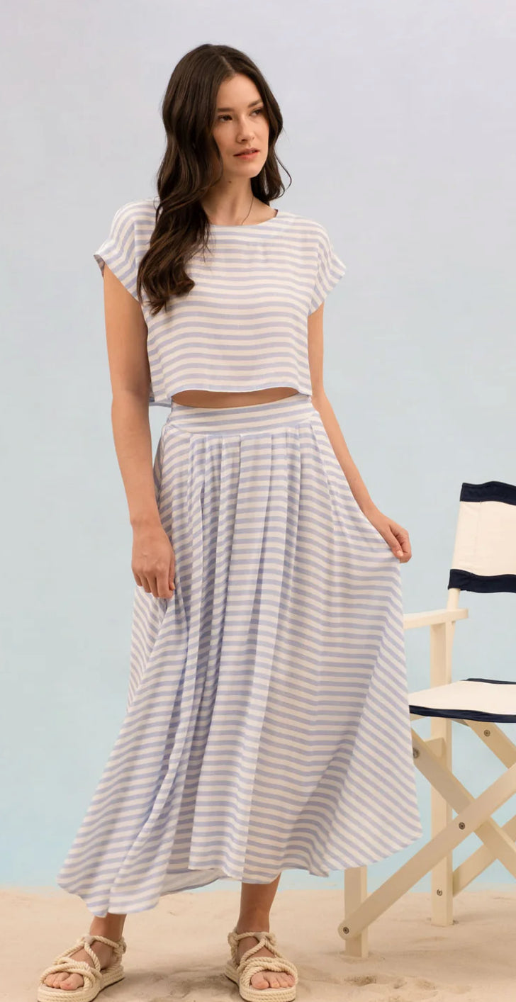 STRIPE HIGH WAIST PLEATED MIDI SKIRT