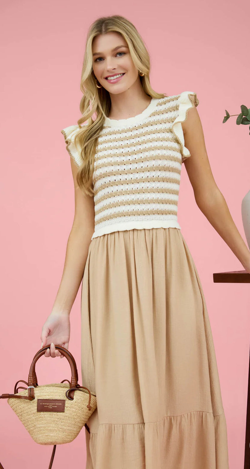 STRIPE SWEATER TOP MIXED MEDIA MIDI DRESS