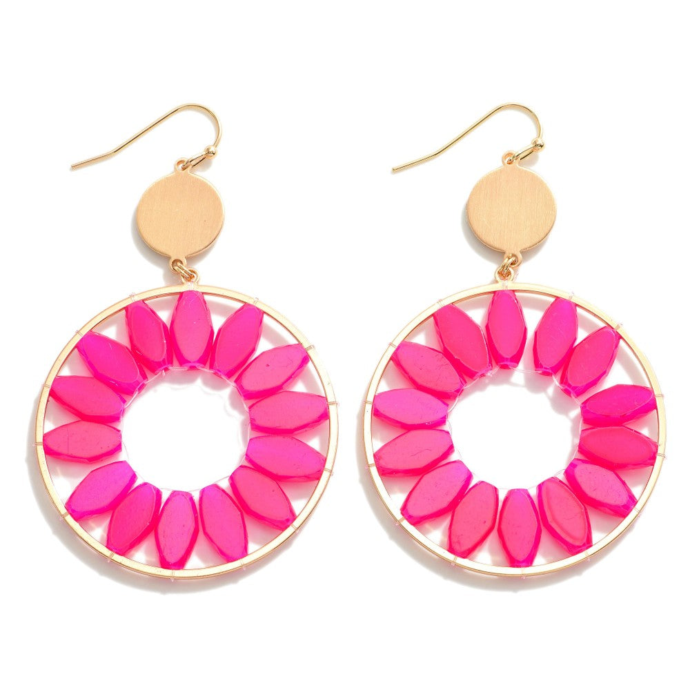 Metal Drop Earrings With Iridescent Beaded Flower Petals in Hot Pink-How Cute is That? Boutique