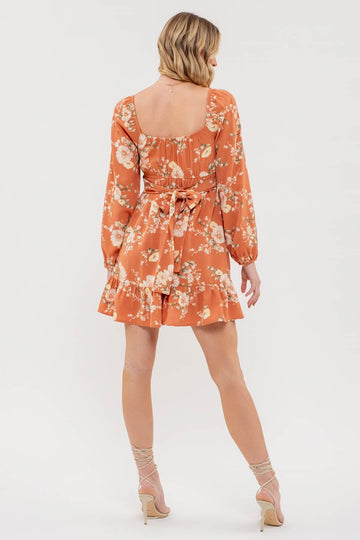 FLORAL LONG SLEEVE BACK TIE MINI DRESS-How Cute is That? Boutique