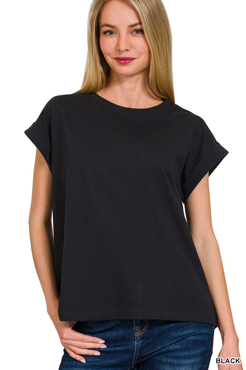 Round neck folded short sleeve t-shirt-How Cute is That? Boutique